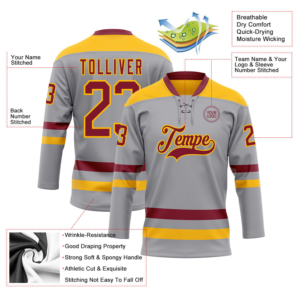 Custom Gray Crimson-Gold Hockey Lace Neck Jersey view 3