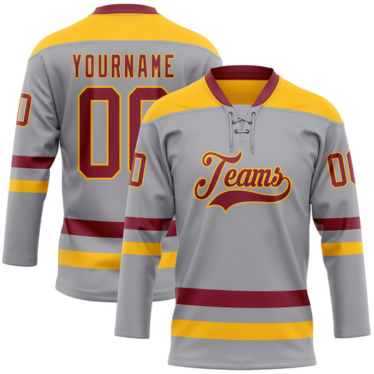 Custom Gray Crimson-Gold Hockey Lace Neck Jersey - Main View
