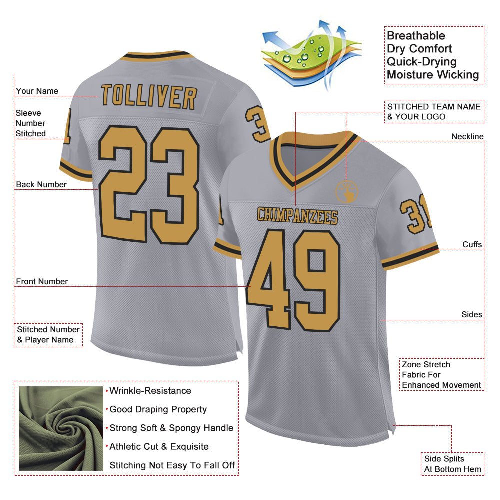 Custom Gray Old Gold-Black Mesh Authentic Throwback Football Jersey view 2