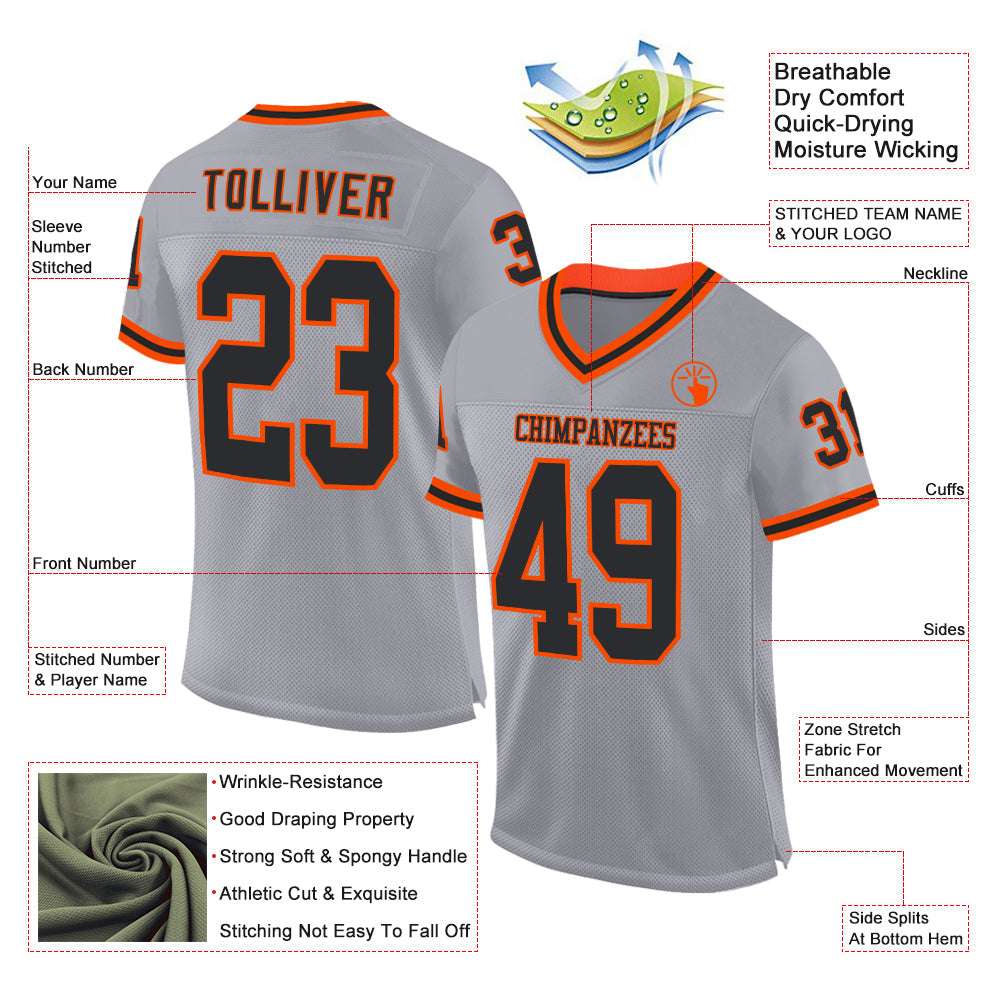 Custom Gray Black-Orange Mesh Authentic Throwback Football Jersey view 2
