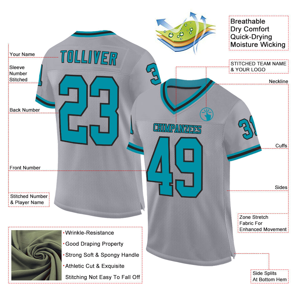 Custom Gray Teal-Black Mesh Authentic Throwback Football Jersey view 2