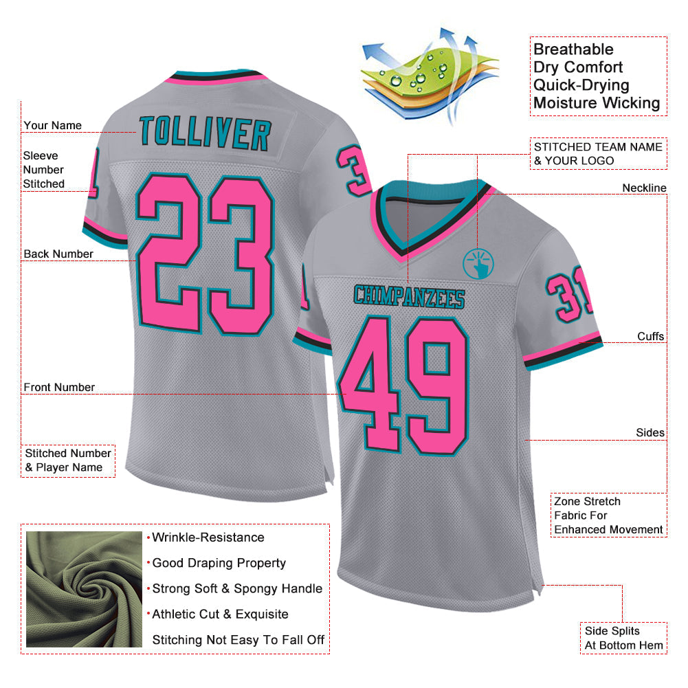 Custom Gray Pink Black-Teal Mesh Authentic Throwback Football Jersey view 2