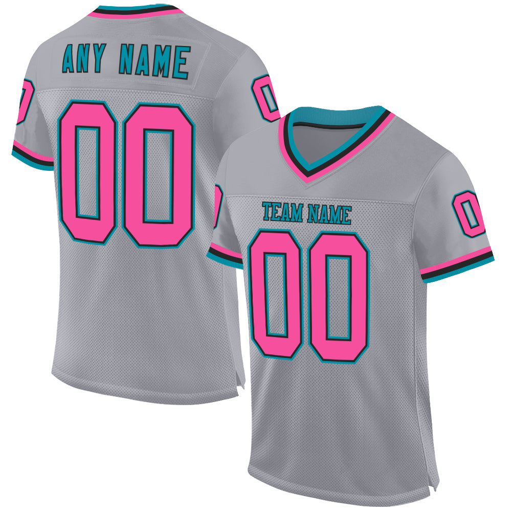 Custom Gray Pink Black-Teal Mesh Authentic Throwback Football Jersey - Main View