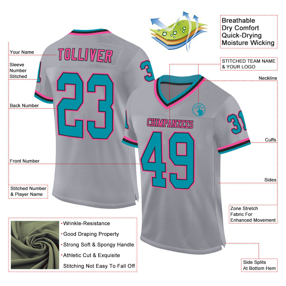 Custom Gray Teal Black-Pink Mesh Authentic Throwback Football Jersey view 2