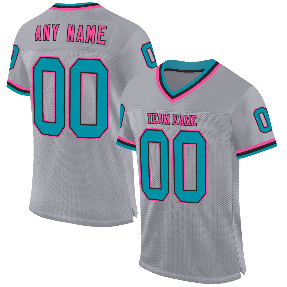 Custom Gray Teal Black-Pink Mesh Authentic Throwback Football Jersey - Main View