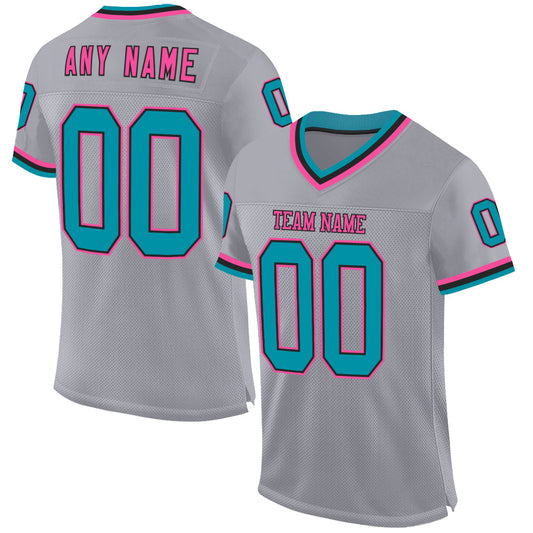 Custom Gray Teal Black-Pink Mesh Authentic Throwback Football Jersey - Main View