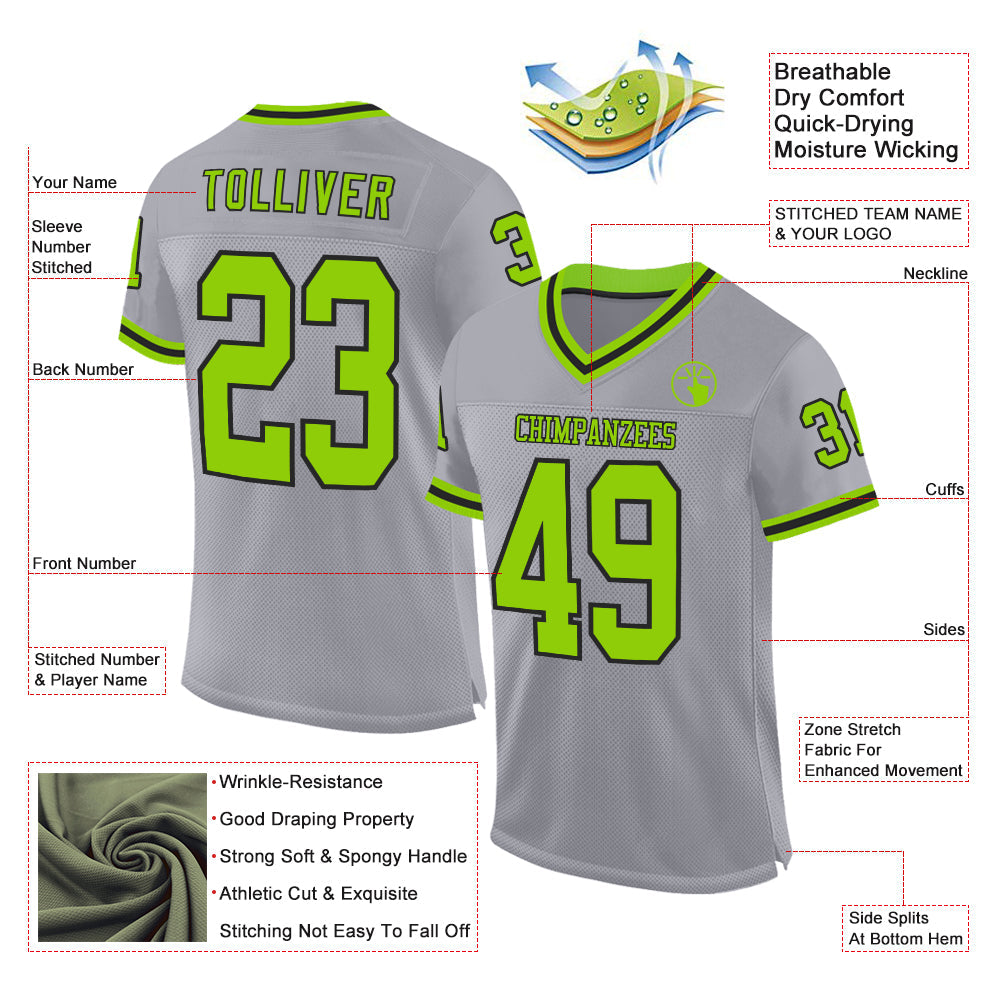 Custom Gray Neon Green-Black Mesh Authentic Throwback Football Jersey view 2