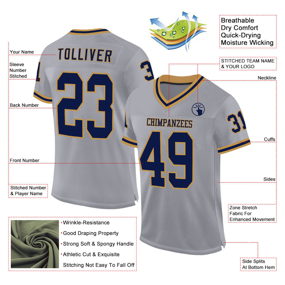Custom Gray Navy-Old Gold Mesh Authentic Throwback Football Jersey view 2