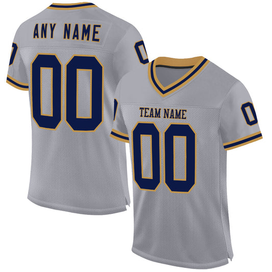 Custom Gray Navy-Old Gold Mesh Authentic Throwback Football Jersey - Main View