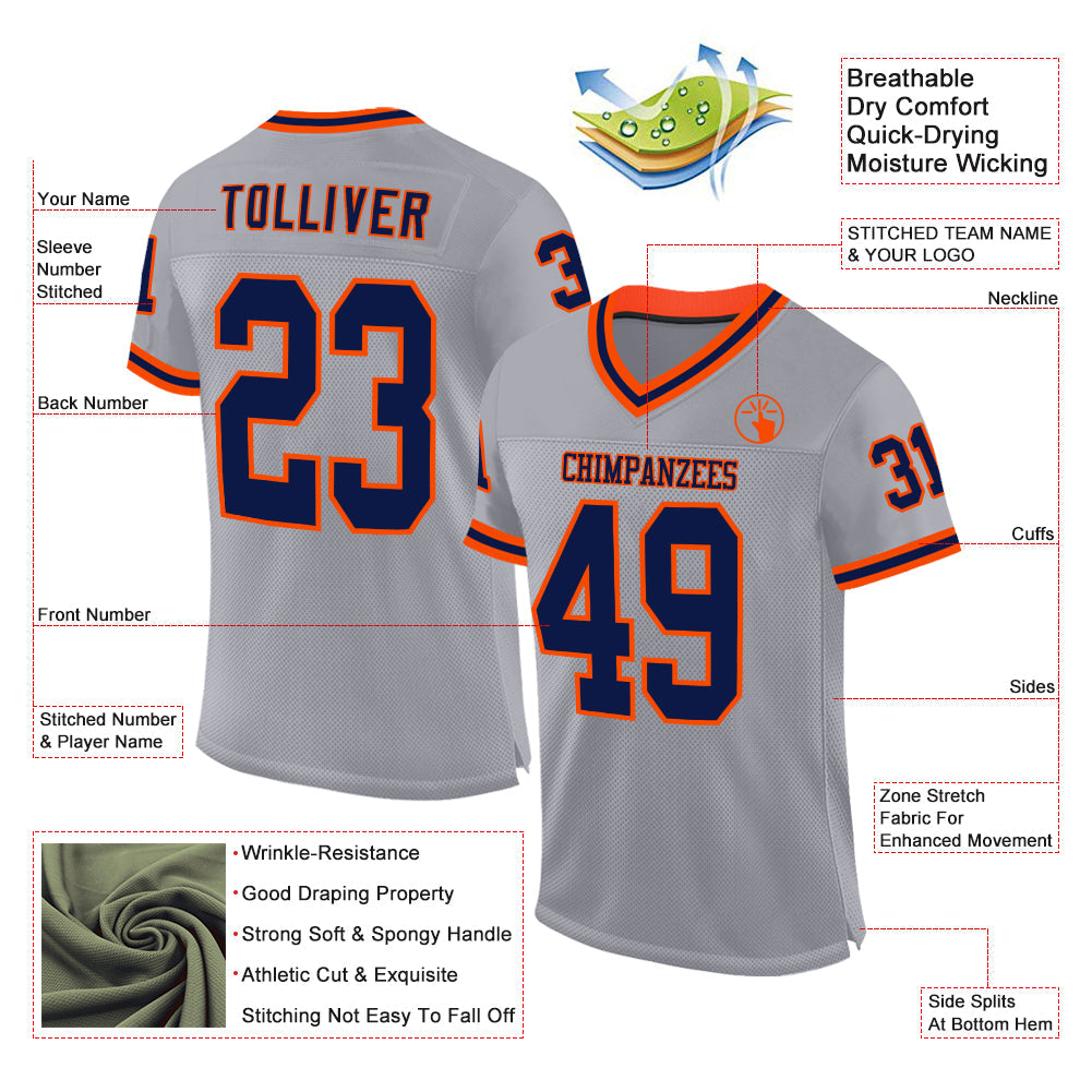 Custom Gray Navy-Orange Mesh Authentic Throwback Football Jersey view 2