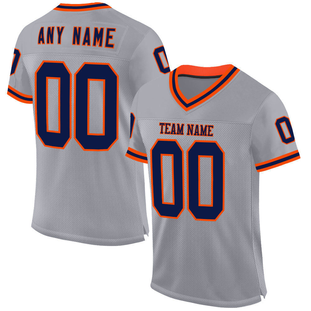 Custom Gray Navy-Orange Mesh Authentic Throwback Football Jersey - Main View
