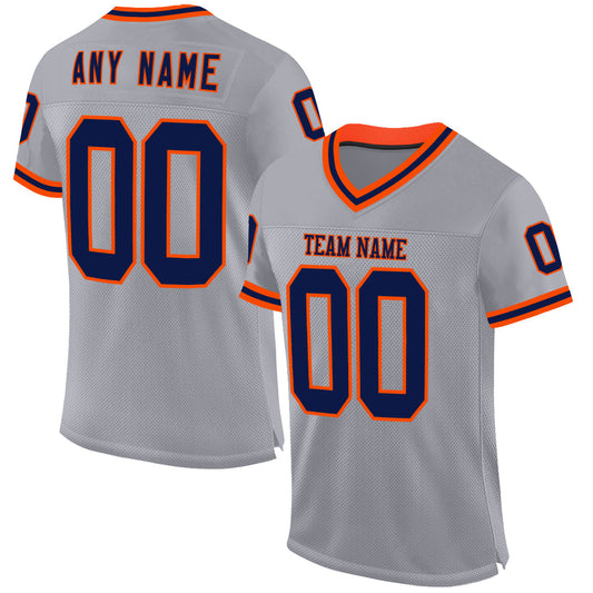Custom Gray Navy-Orange Mesh Authentic Throwback Football Jersey - Main View