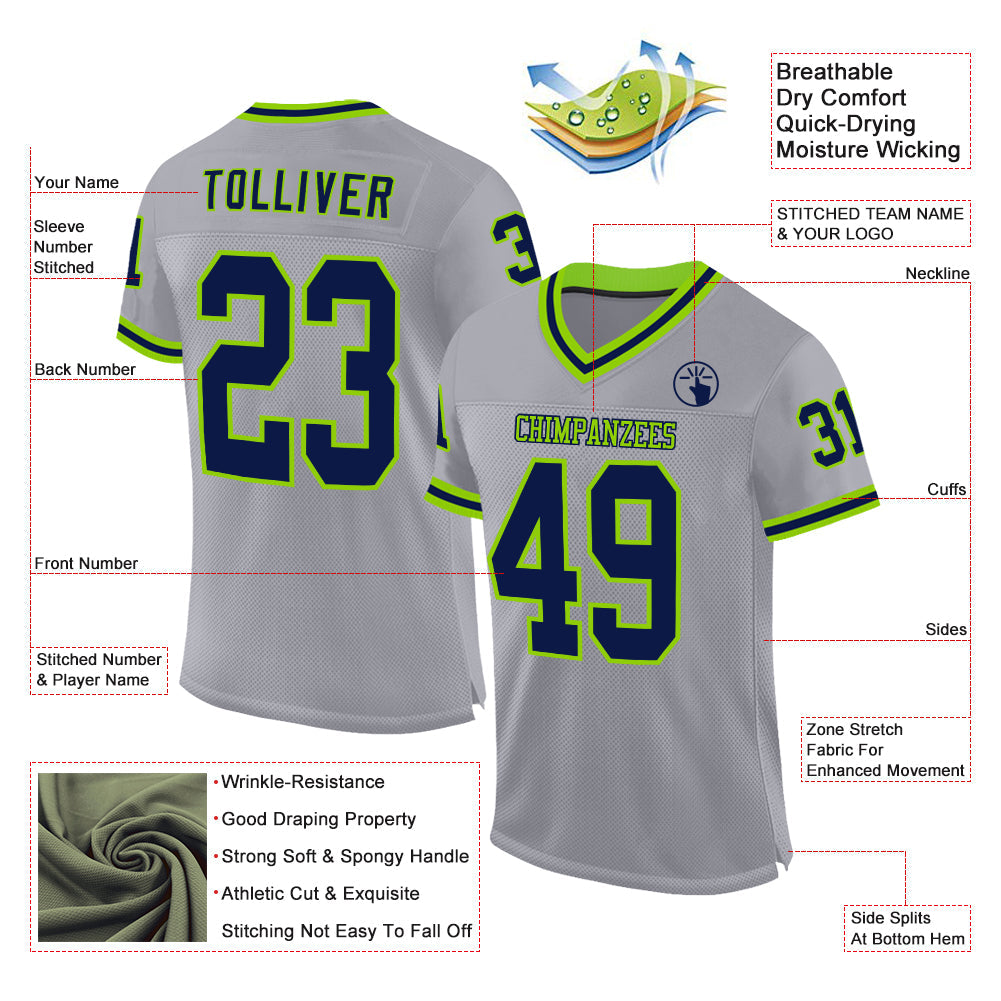 Custom Gray Navy-Neon Green Mesh Authentic Throwback Football Jersey view 2