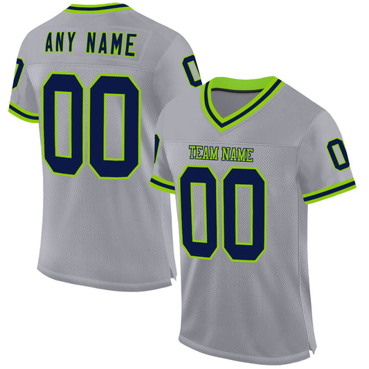 Custom Gray Navy-Neon Green Mesh Authentic Throwback Football Jersey - Main View