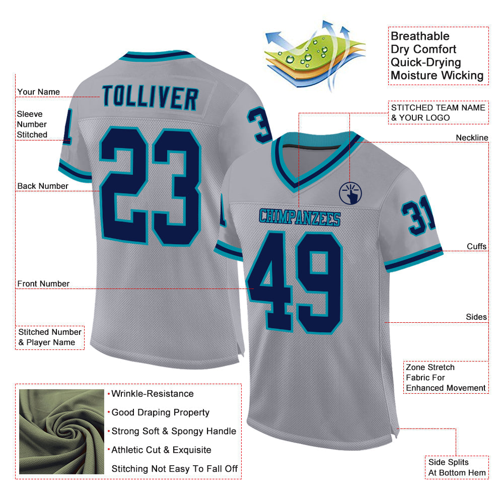 Custom Gray Navy-Teal Mesh Authentic Throwback Football Jersey view 2