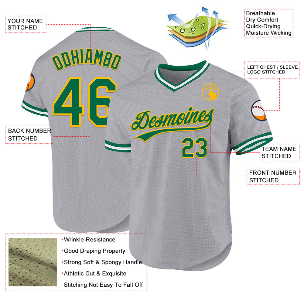 Custom Gray Kelly Green-Gold Authentic Throwback Baseball Jersey view 3