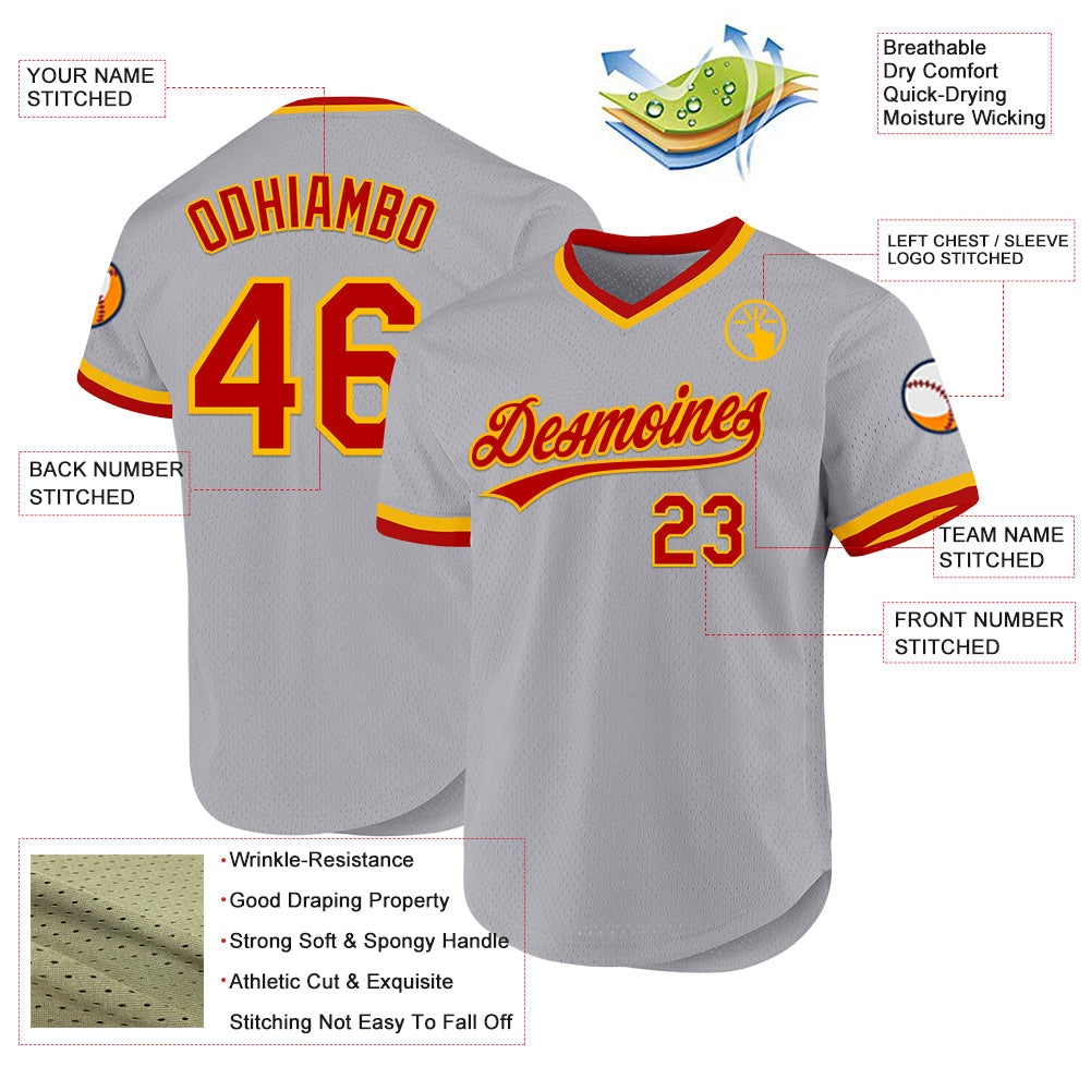 Custom Gray Red-Gold Authentic Throwback Baseball Jersey view 3