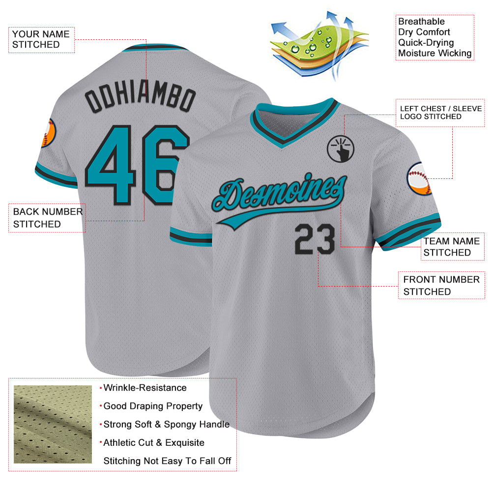 Custom Gray Teal-Black Authentic Throwback Baseball Jersey view 3