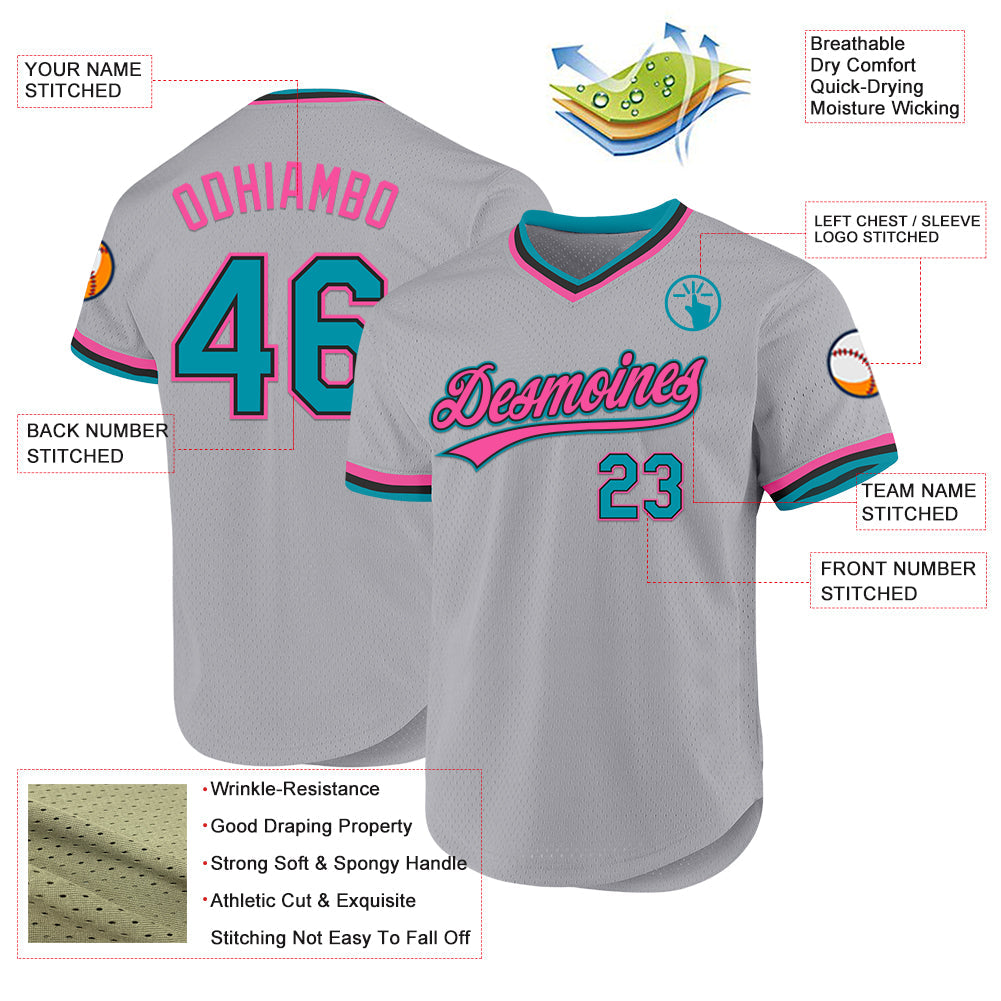 Custom Gray Teal Black-Pink Authentic Throwback Baseball Jersey view 3