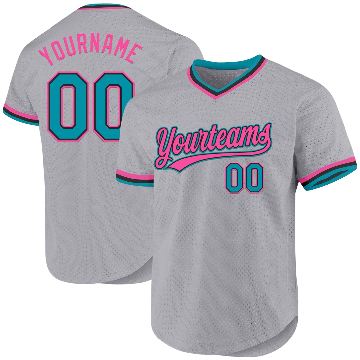 Custom Gray Teal Black-Pink Authentic Throwback Baseball Jersey - Main View