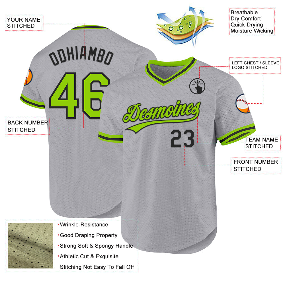 Custom Gray Neon Green-Black Authentic Throwback Baseball Jersey view 3