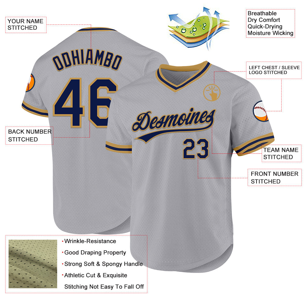 Custom Gray Navy-Old Gold Authentic Throwback Baseball Jersey view 3
