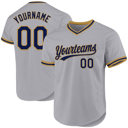 Custom Gray Navy-Old Gold Authentic Throwback Baseball Jersey - Main View