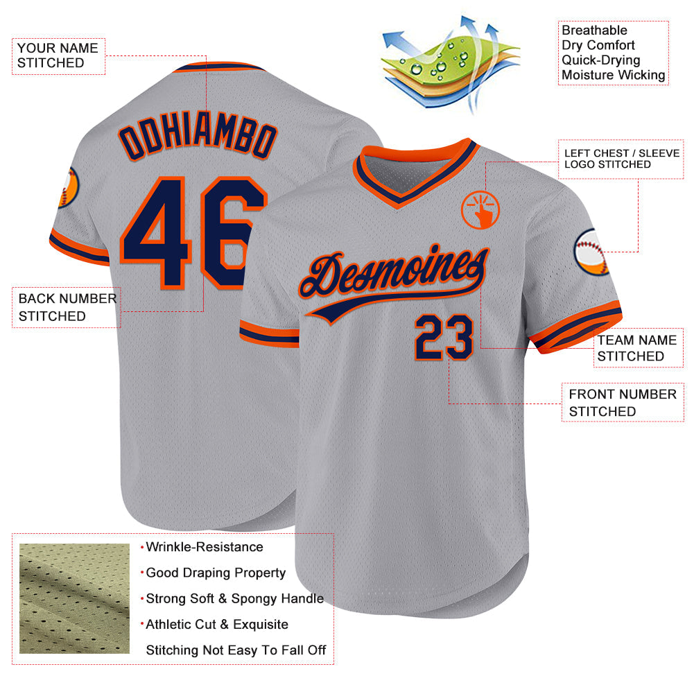 Custom Gray Navy-Orange Authentic Throwback Baseball Jersey view 3