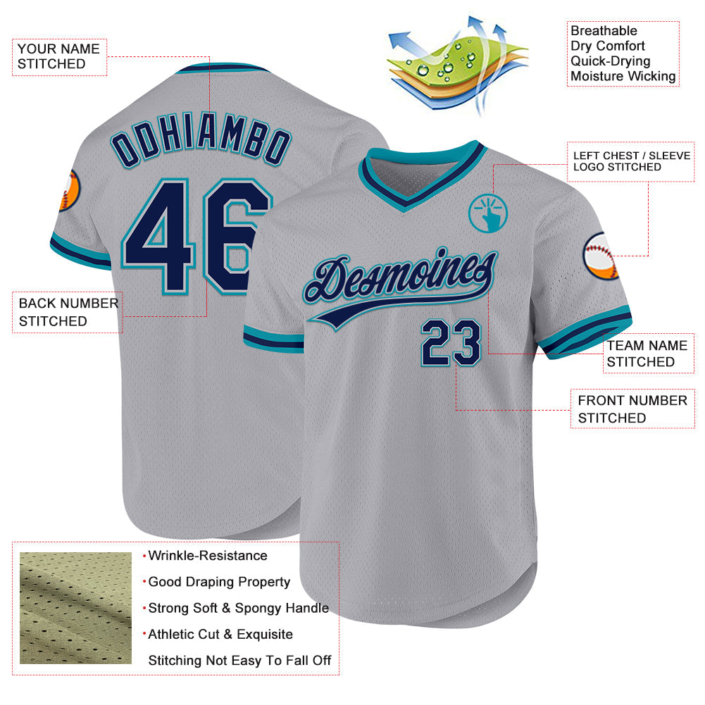 Custom Gray Navy-Teal Authentic Throwback Baseball Jersey view 3