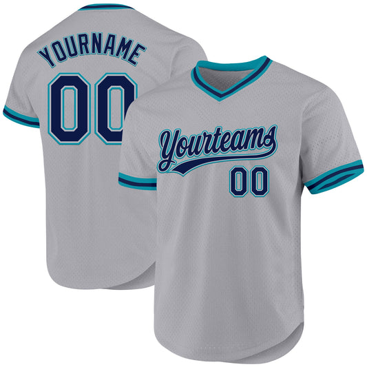 Custom Gray Navy-Teal Authentic Throwback Baseball Jersey - Main View