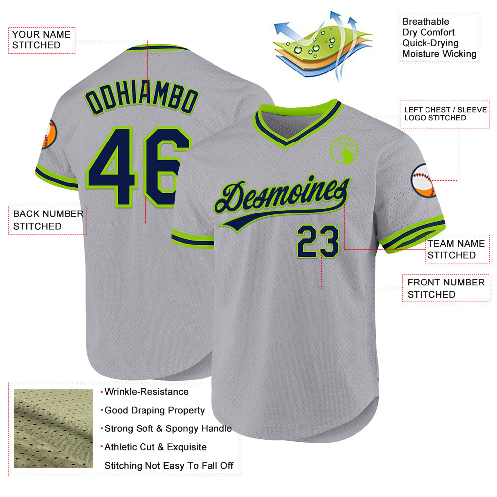 Custom Gray Navy-Neon Green Authentic Throwback Baseball Jersey view 3
