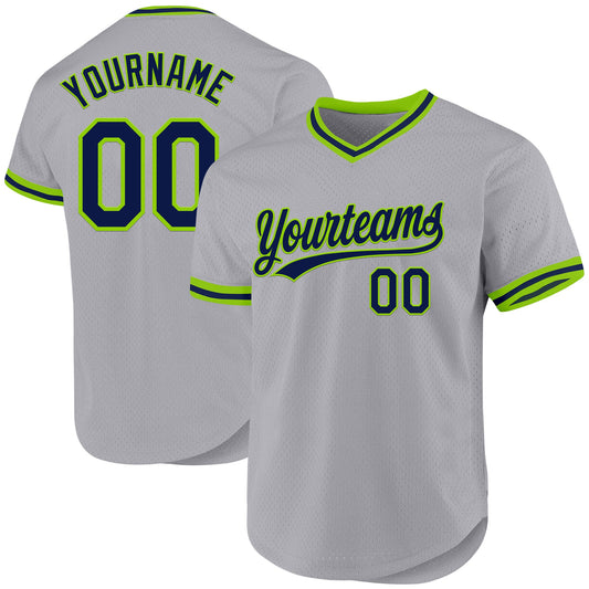 Custom Gray Navy-Neon Green Authentic Throwback Baseball Jersey - Main View