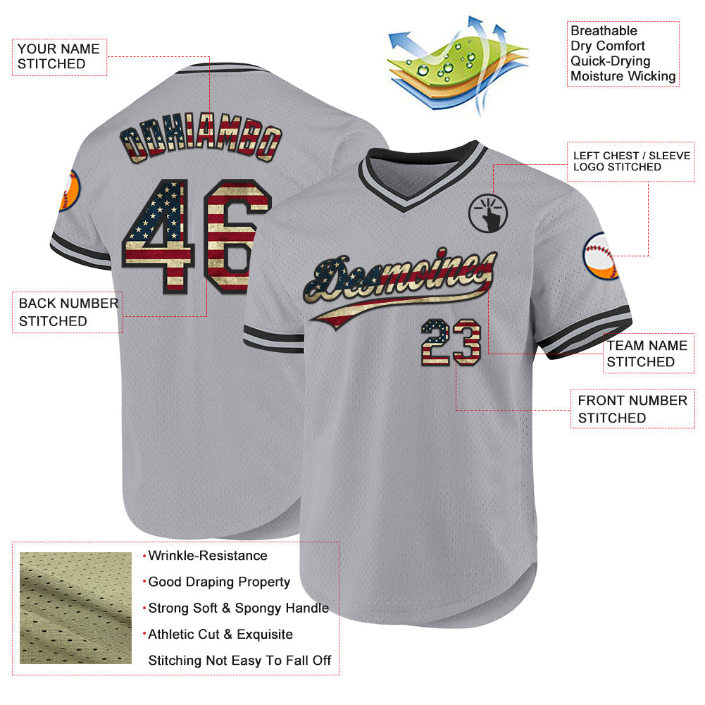 Custom Gray Vintage USA Flag-Black Authentic Throwback Baseball Jersey view 3