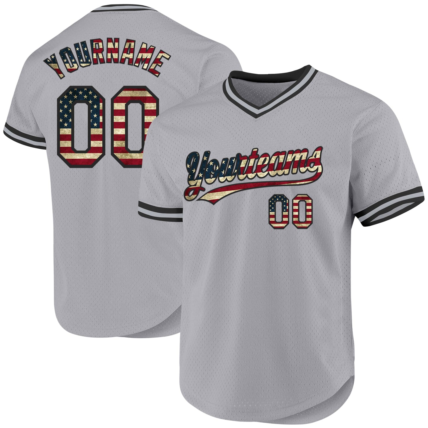 Custom Gray Vintage USA Flag-Black Authentic Throwback Baseball Jersey - Main View