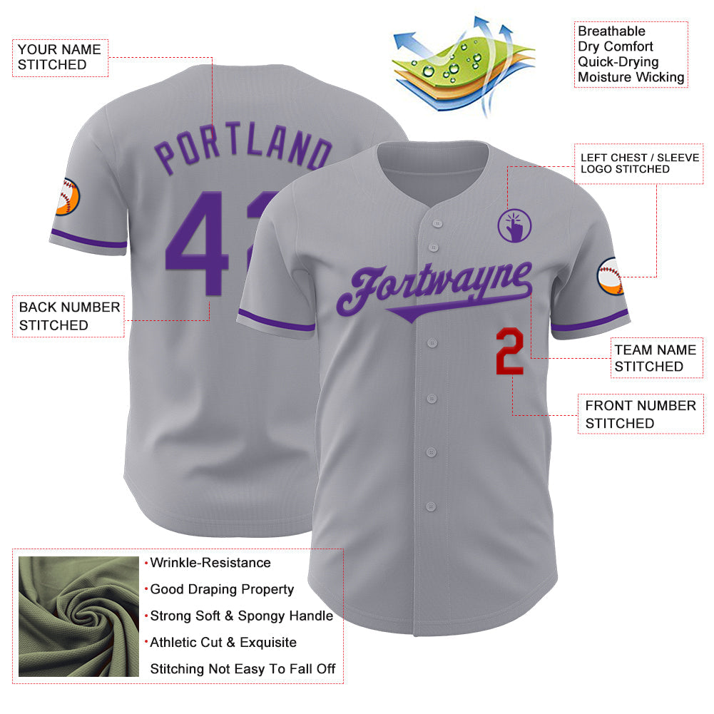 Custom Gray Purple-Red Authentic Baseball Jersey view 3