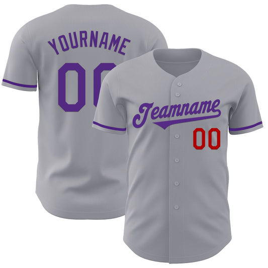 Custom Gray Purple-Red Authentic Baseball Jersey - Main View