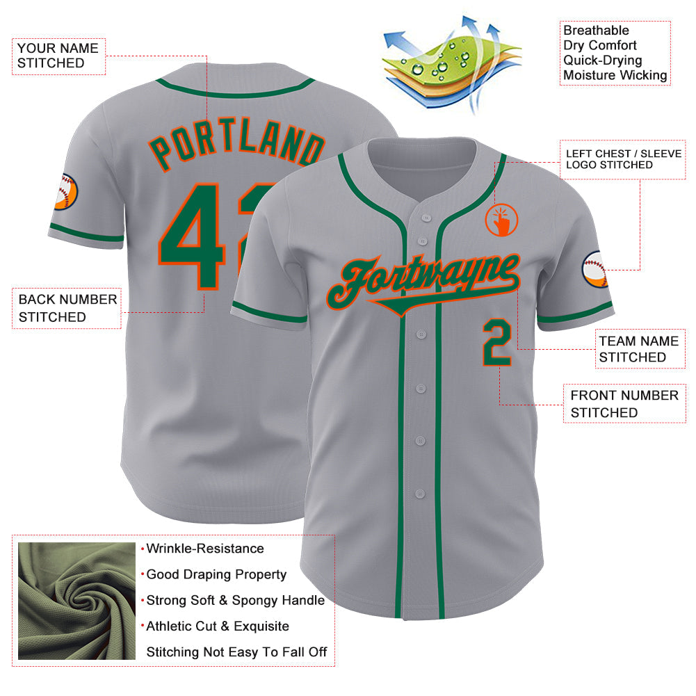 Custom Gray Kelly Green-Orange Authentic Baseball Jersey view 3