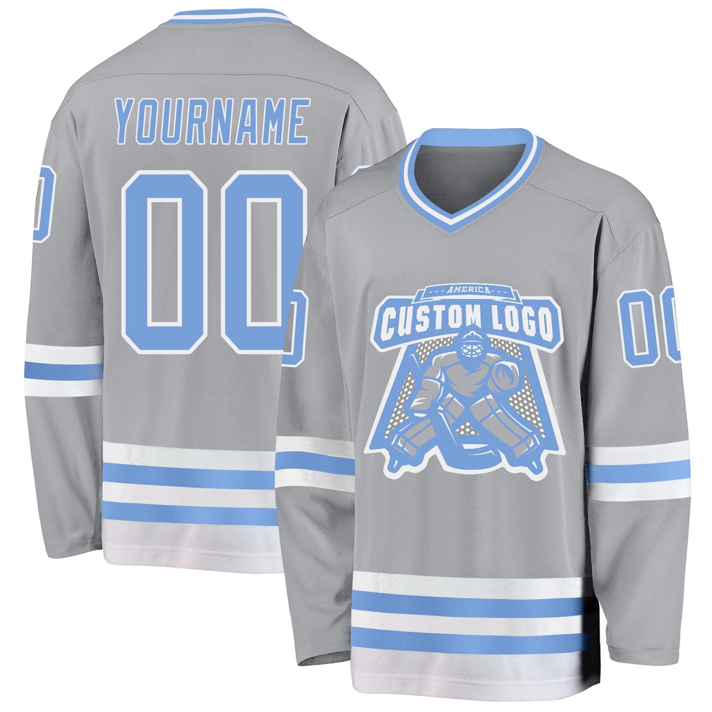 Custom Gray Light Blue-White Hockey Jersey view 2