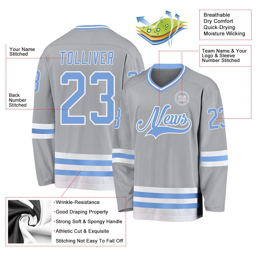 Custom Gray Light Blue-White Hockey Jersey view 3