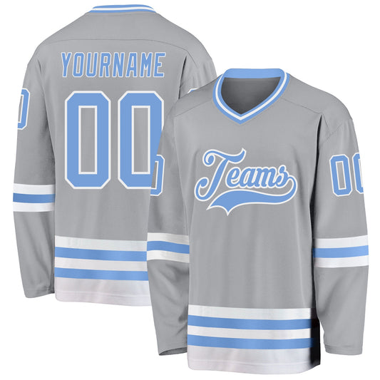 Custom Gray Light Blue-White Hockey Jersey - Main View