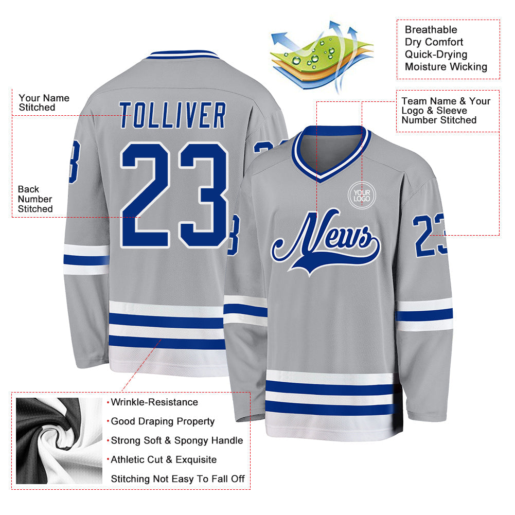 Custom Gray Royal-White Hockey Jersey view 3
