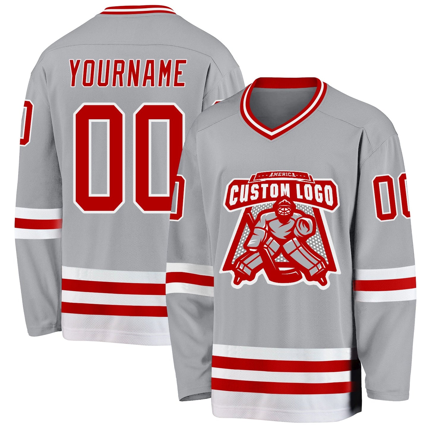 Custom Gray Red-White Hockey Jersey view 2