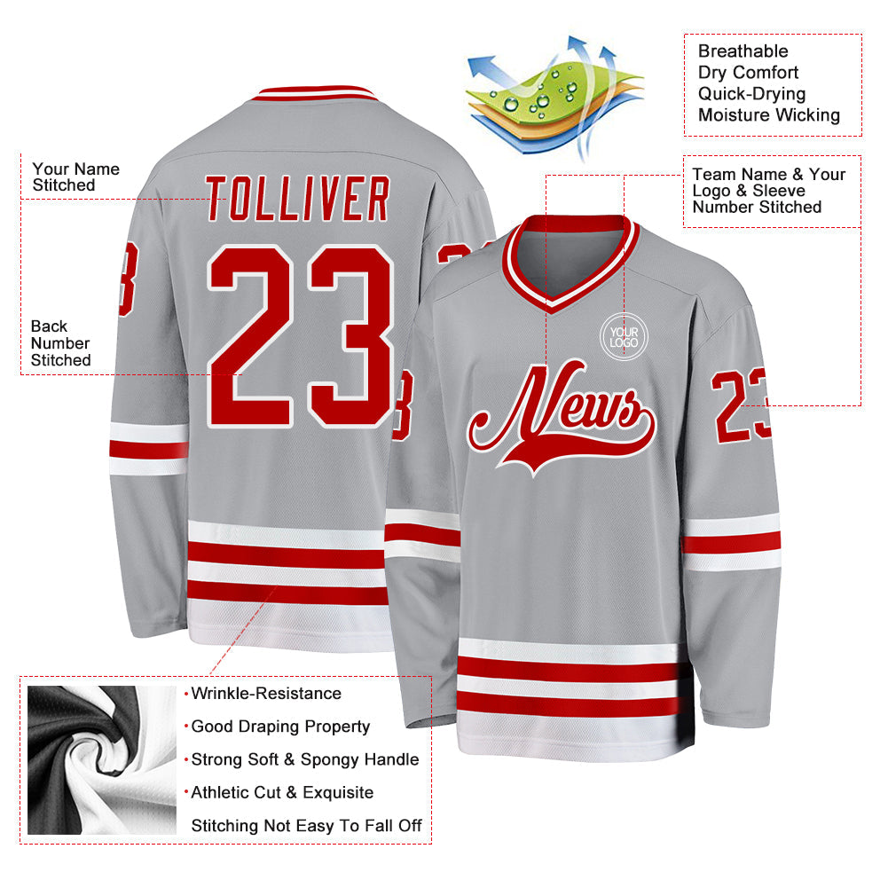 Custom Gray Red-White Hockey Jersey view 3
