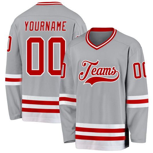 Custom Gray Red-White Hockey Jersey - Main View