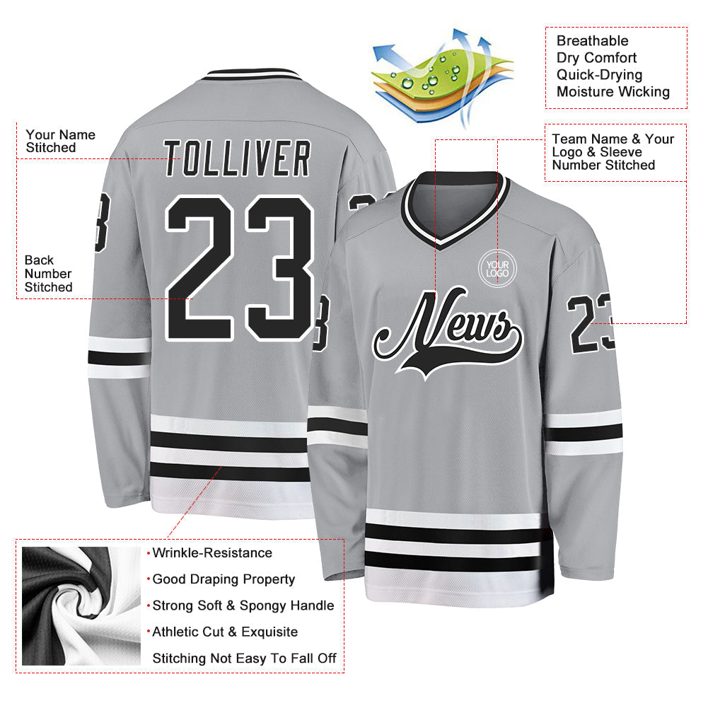 Custom Gray Black-White Hockey Jersey view 3