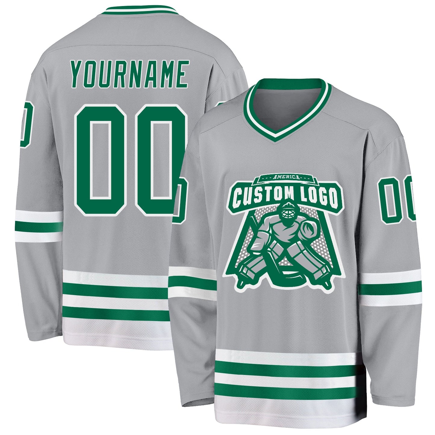 Custom Gray Kelly Green-White Hockey Jersey view 2