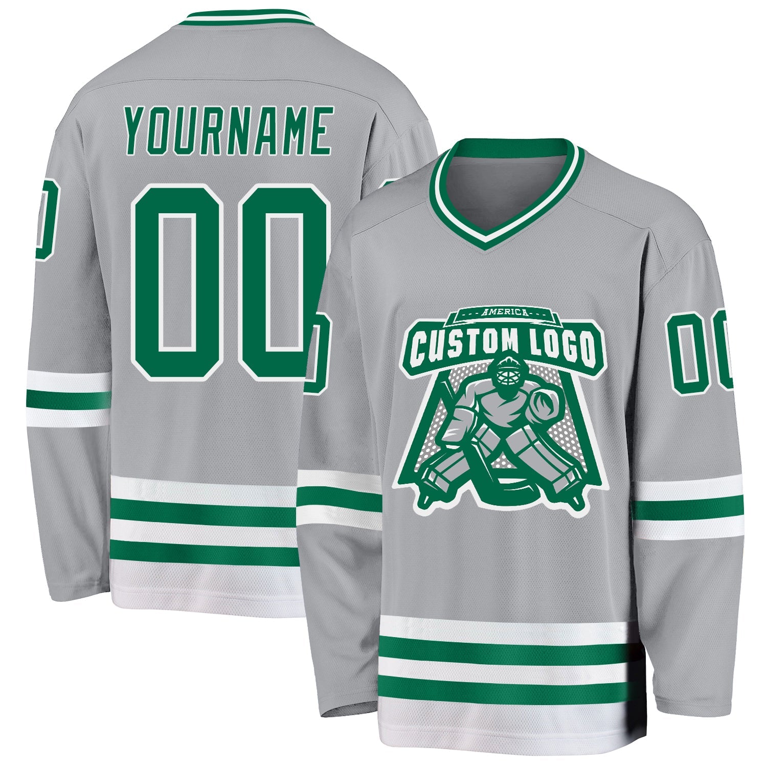 Custom Gray Kelly Green-White Hockey Jersey view 2