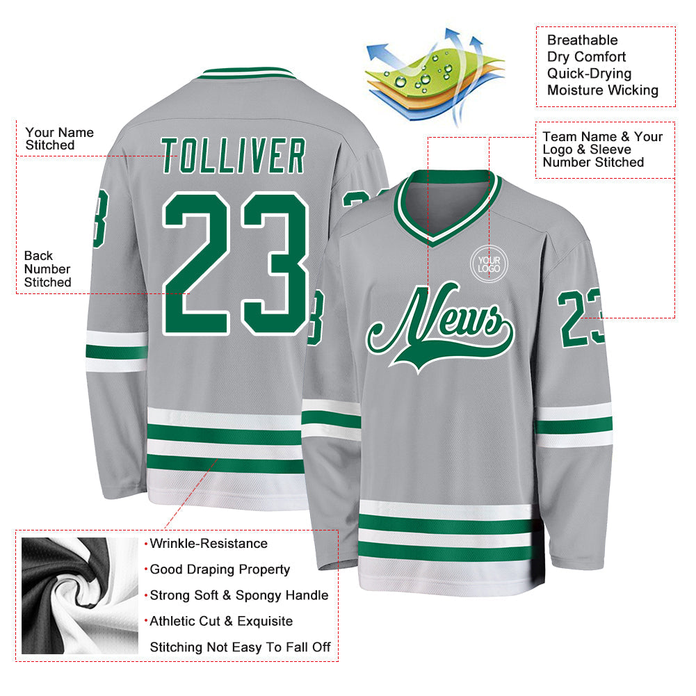 Custom Gray Kelly Green-White Hockey Jersey view 3