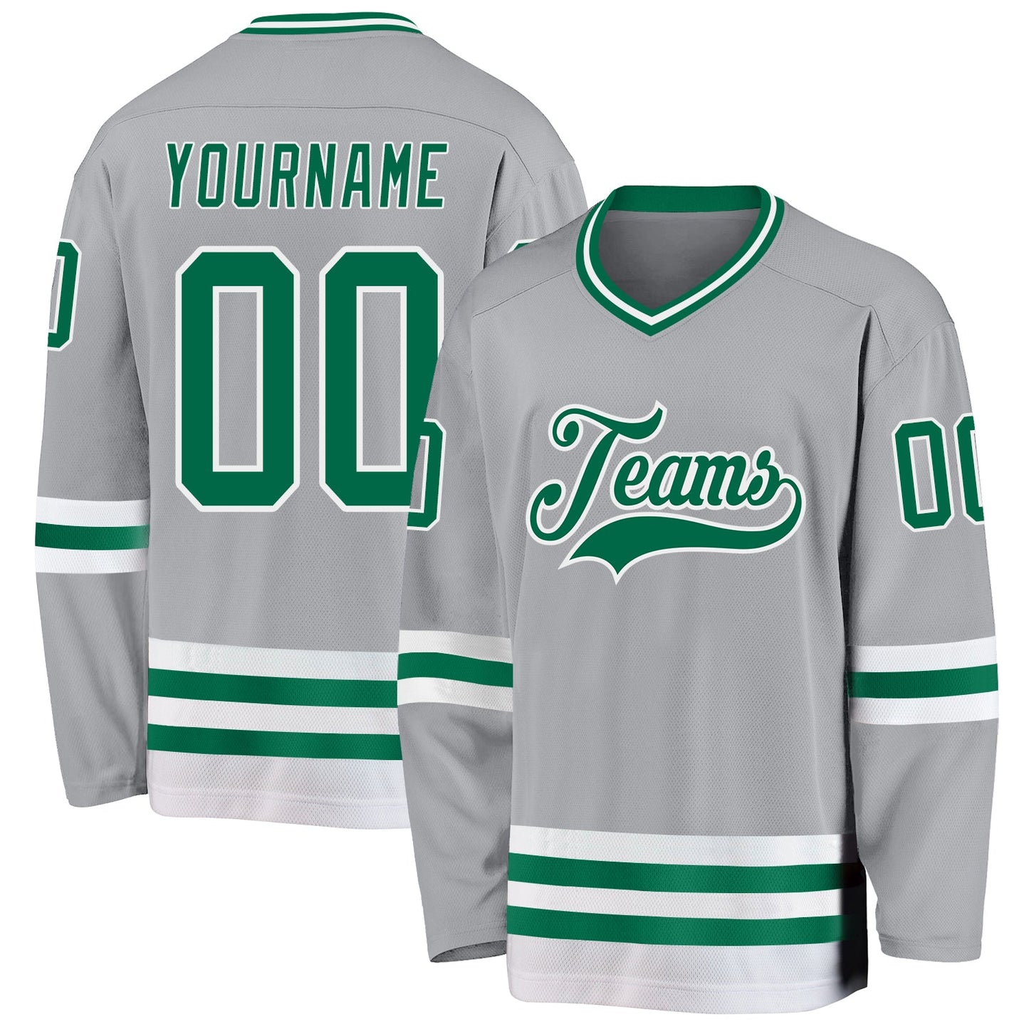 Custom Gray Kelly Green-White Hockey Jersey - Main View