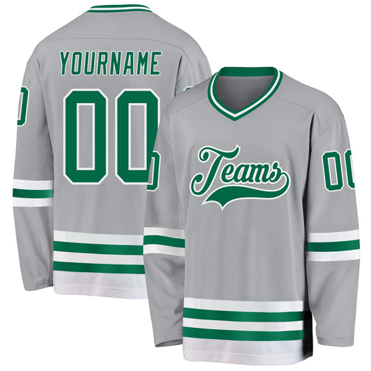 Custom Gray Kelly Green-White Hockey Jersey - Main View